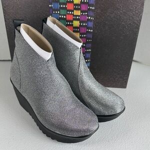 bernie mev. Silver Metallic Wedge Ankle Booties. Brand New